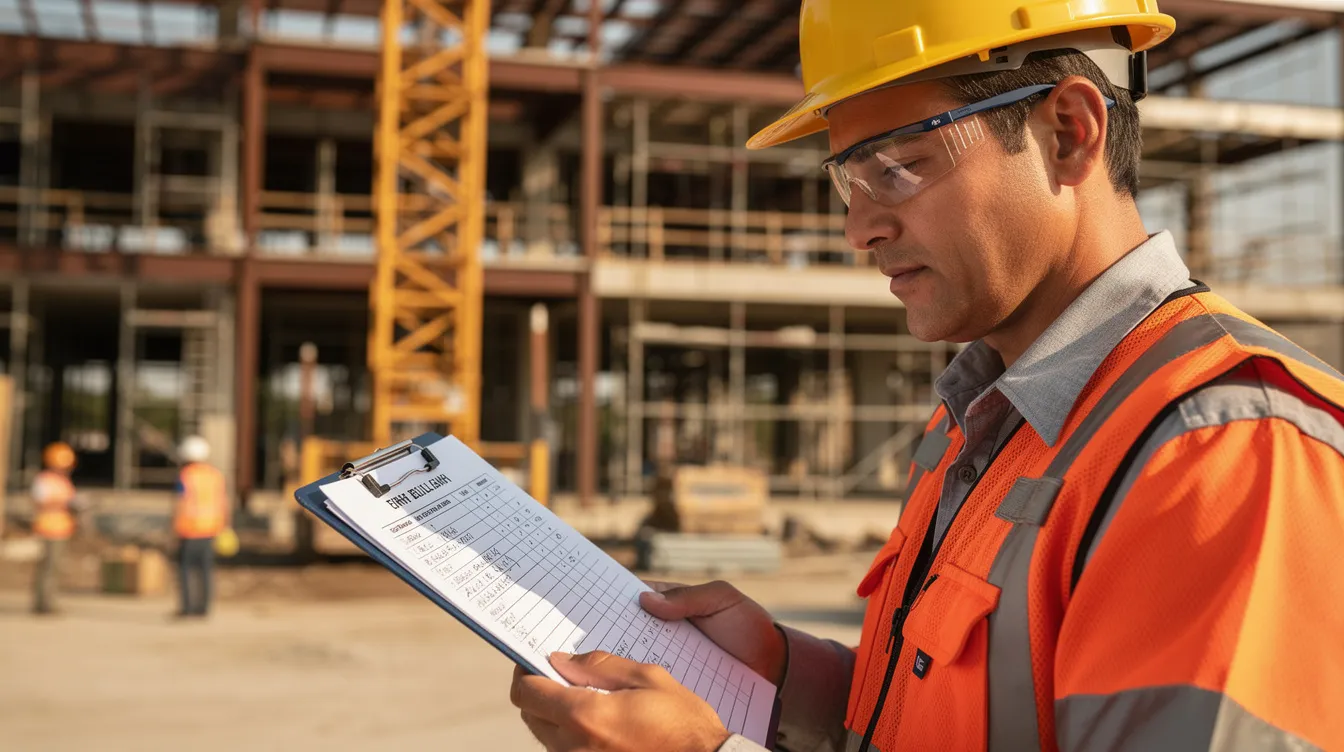 A construction superintendent reviews notes on a clipboard while overseeing an active nonresidential jobsite.