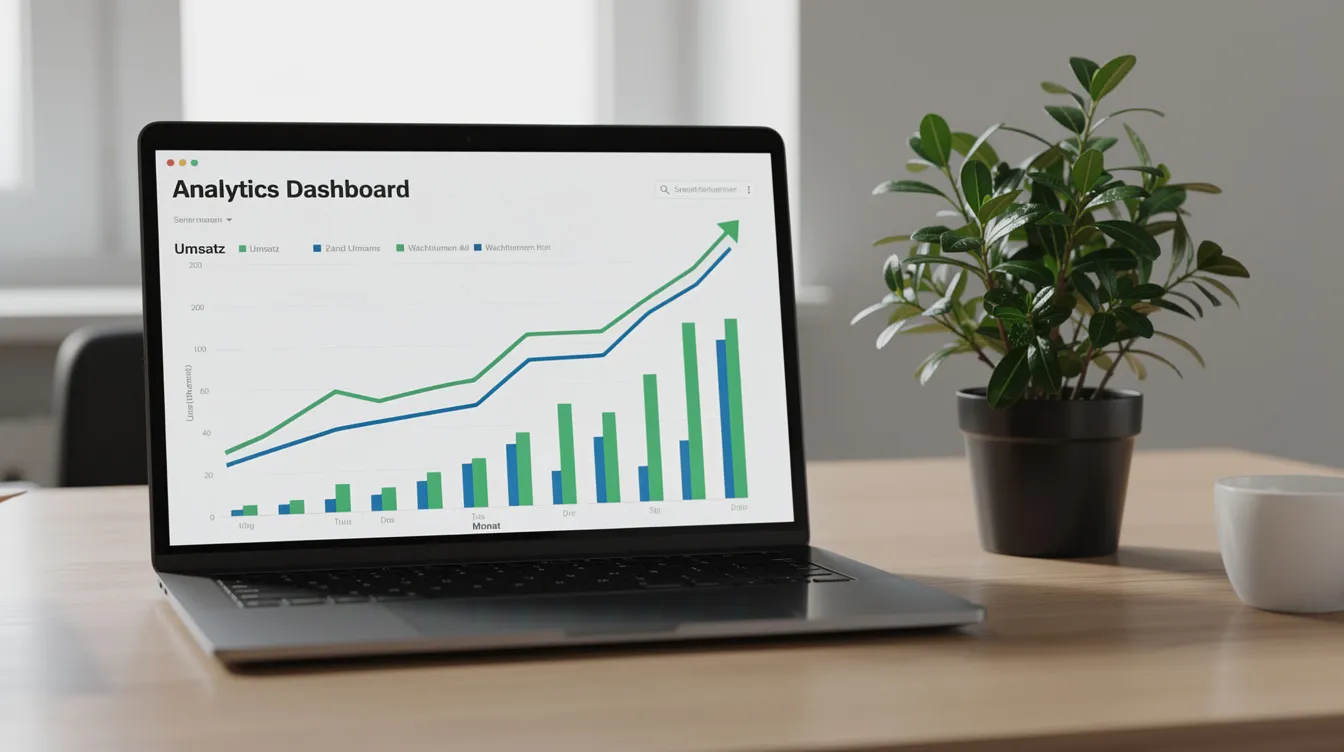 Ein Laptop steht auf einem Schreibtisch und zeigt ein Analytics-Dashboard mit aufsteigenden Diagrammen, während daneben eine grüne Pflanze steht. Diese Darstellung vermittelt einen Überblick über Datenanalysen und die Nutzung von Internetdiensten.
