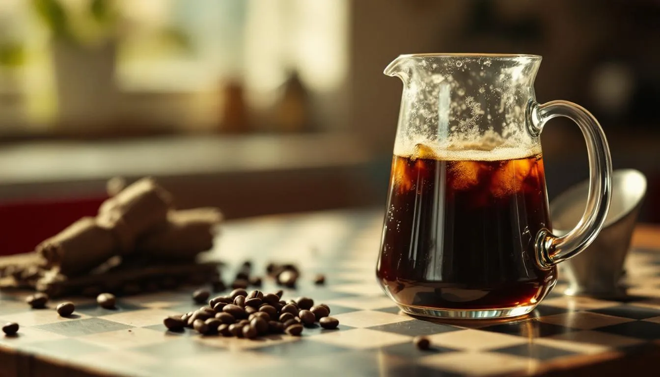 A pitcher of cold brew coffee ready to serve, demonstrating the cold brewing process.