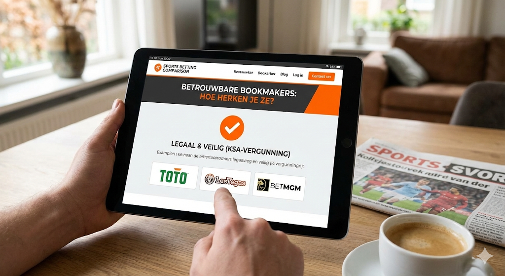 Overzicht van betrouwbare online bookmakers in Nederland met KSA-vergunning van de Nederlandse Kansspelautoriteit, zoals TOTO, LeoVegas en BetMGM, voorbeeld van legale Nederlandse bookmakers voor online weddenschappen, beste odds, live wedden en veilig wedden op sport volgens de wetgeving sinds 1 oktober 2021.