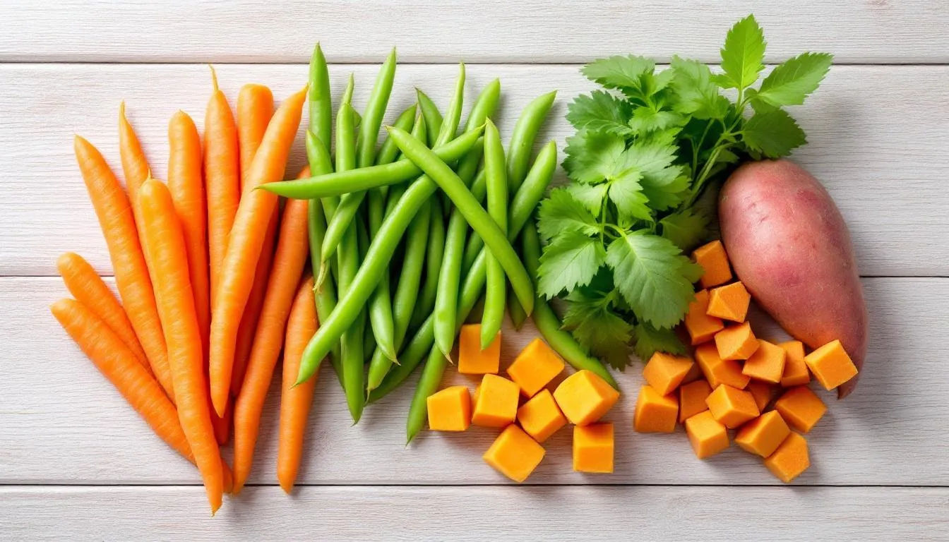 An assortment of vibrant dog-safe vegetables is displayed, featuring fresh carrots, green beans, and sweet potatoes, all suitable for a dog
