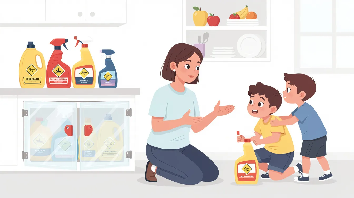 Illustration of children learning about chemical safety and the dangers of household chemicals.