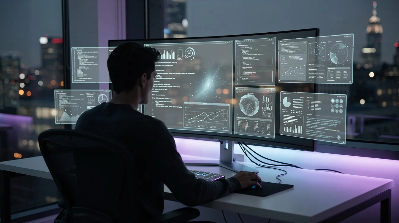 A person is seated at a modern computer workstation, engaged in tasks with a floating digital interface showcasing various generative AI tools and features. The scene highlights the integration of artificial intelligence in daily work, emphasizing the use of advanced software for data analysis and content creation.