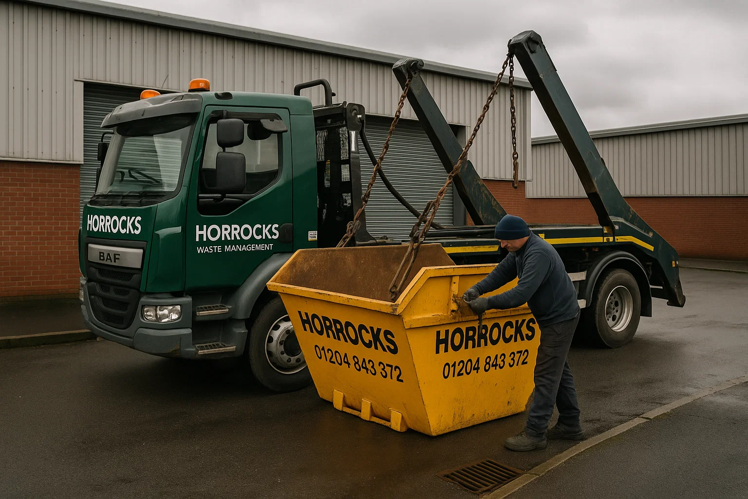 Horrocks driver securing a branded skip outside a Bolton business for safe collection.