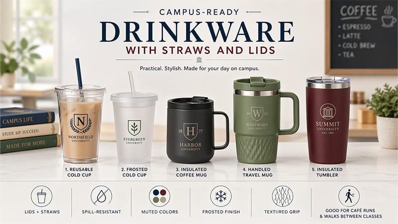 Campus-ready drinkware, including cold cups, coffee mugs, and insulated mugs with lids and straws, designed for student use in classrooms, cafés, and between buildings.