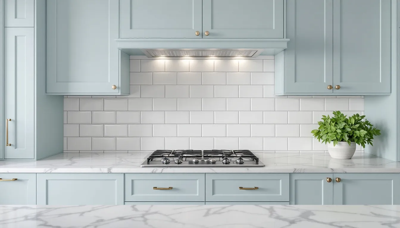 The image features a kitchen with a white subway tile backsplash, complemented by sea salt kitchen cabinets that showcase a soft green-gray hue. The marble countertops add an elegant touch, while the overall design creates a bright and airy coastal vibe, enhanced by natural light streaming into the space.