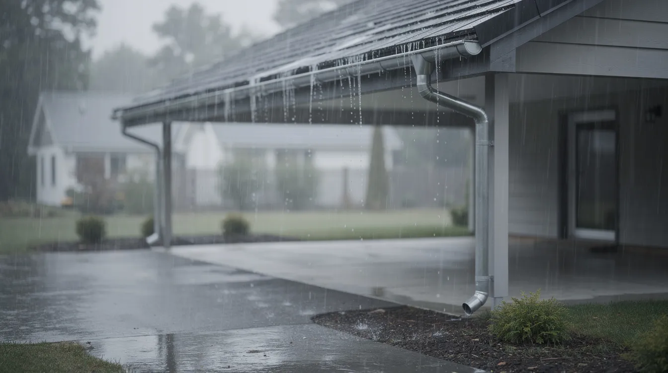 Une maison résidentielle est visible sous la pluie, avec des gouttières qui laissent l'eau ruisseler sur le toit et le long des allées. Cette image illustre les enjeux de la gestion des eaux pluviales, mettant en évidence l'importance de la conformité aux réglementations en matière d'écoulement et de préservation des nappes phréatiques.