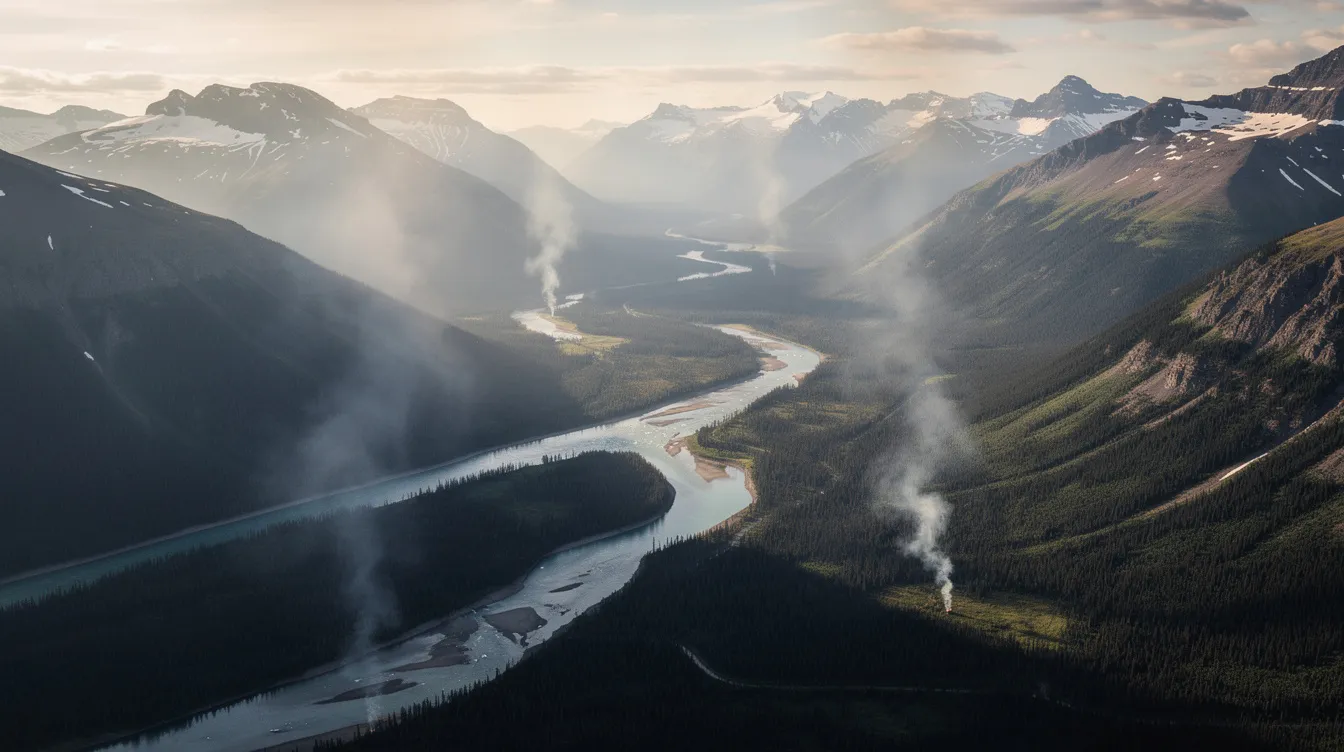 An aerial view of the Alaska wilderness showcases a vast landscape of forested valleys with thin columns of smoke rising, indicating active wildfires. This scene reflects the fire management efforts by agencies like the Alaska Interagency Coordination Center and highlights the impact of lightning strikes and fire behavior on the region's ecology.