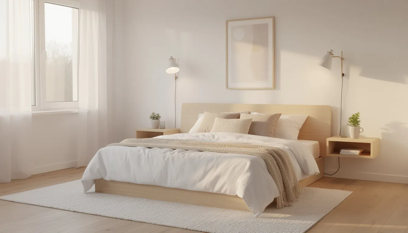 Ett mysigt skandinaviskt sovrum med två matchande vägglampor på var sida av sängen, som ger ett varmt och inbjudande ljus. Lamporna, med italiensk design, bidrar till rummets stiliga och moderna atmosfär.