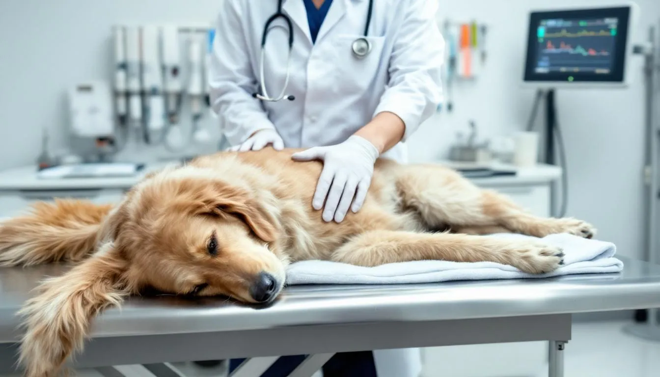 A veterinarian is conducting a physical examination on a dog, checking for signs of health issues such as skin lesions or symptoms of autoimmune diseases like systemic lupus erythematosus. The dog appears calm while the vet inspects its body for any abnormalities that may indicate underlying conditions affecting its immune system.
