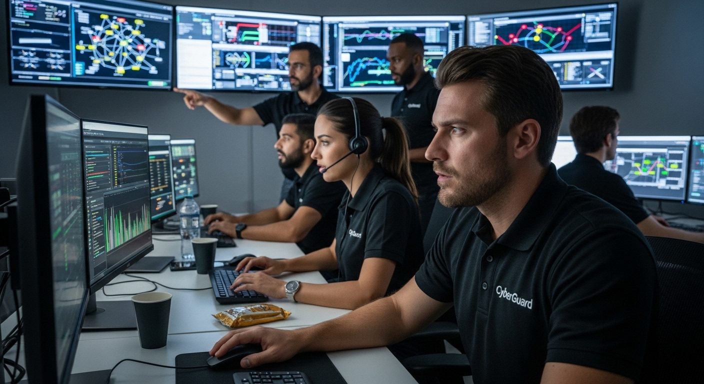 Security operations center team responding to a simulated cyber attack under high-pressure conditions.
