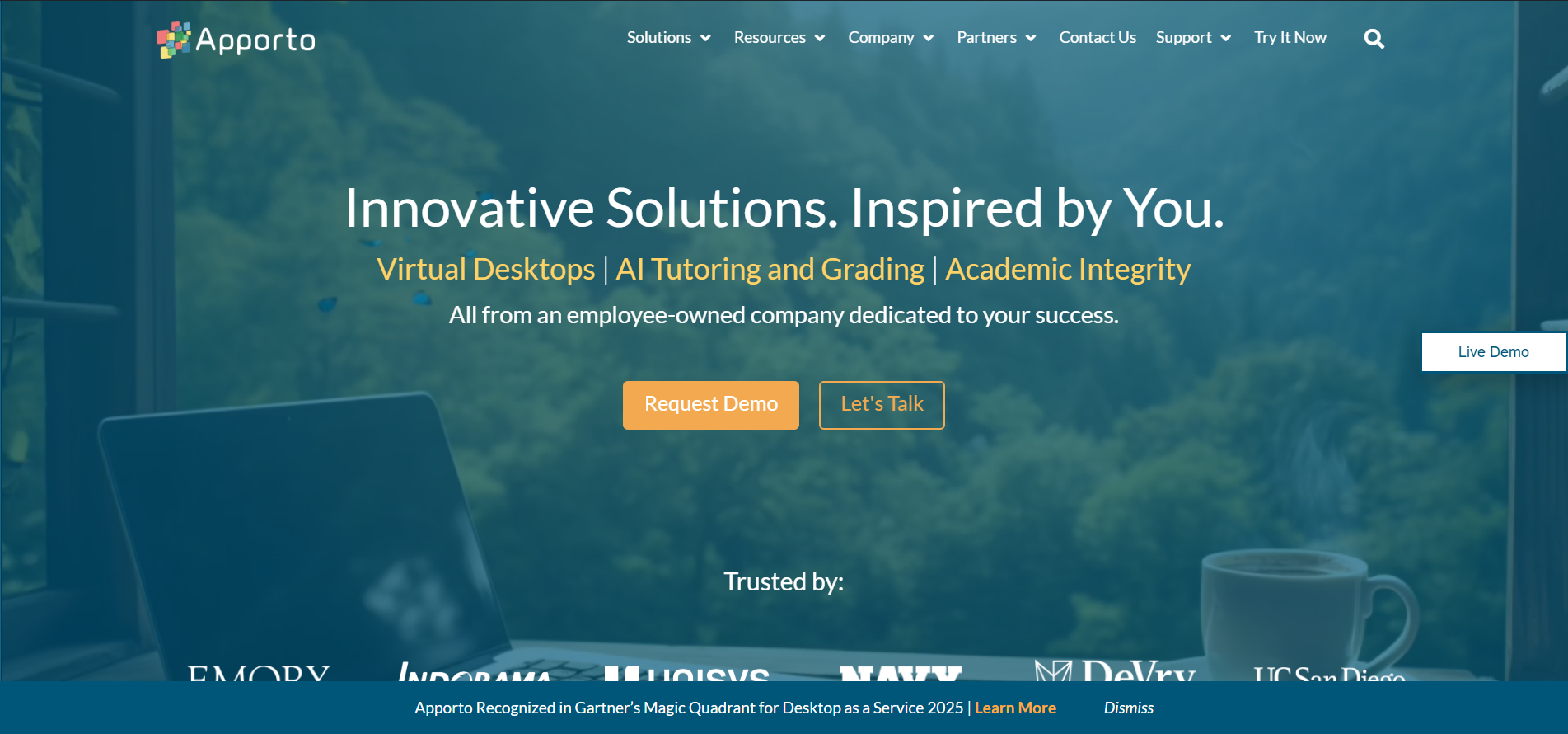 Homepage of Apporto showing virtual desktop solutions, AI tutoring, and cloud-based services for modern digital workspaces