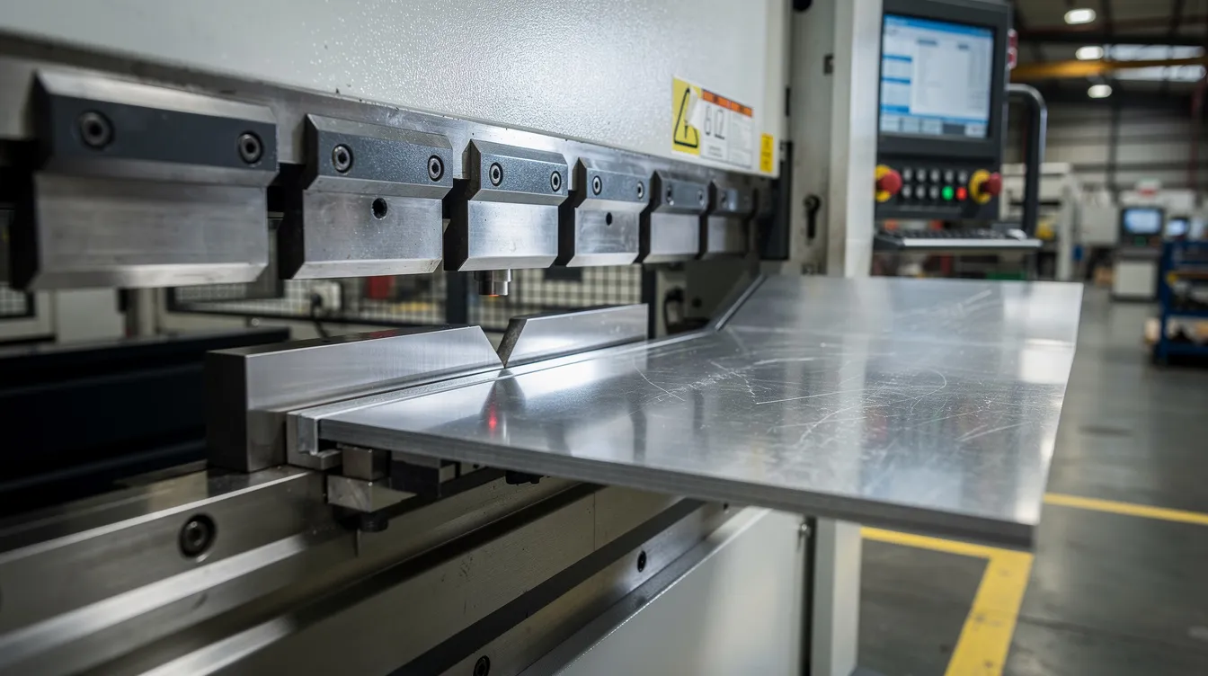 The image depicts a CNC press brake machine in a manufacturing facility, skillfully bending a stainless steel sheet metal part. This process highlights the precision fabrication capabilities essential for custom metal fabrication services and the production of high-quality sheet metal parts.