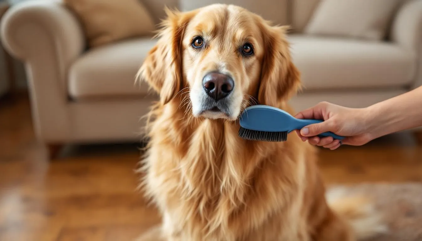 A golden retriever is being brushed, showcasing its thick, water-repellent double coat that is characteristic of the breed. The grooming process highlights the dog