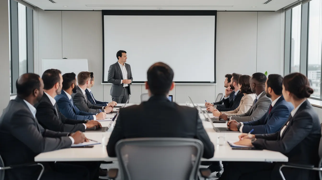 Een zakelijke bijeenkomst met een groep mensen die aandachtig luisteren naar een spreker. De setting straalt professionaliteit uit, zonder zichtbare tekst of logo's, en benadrukt de belangrijke thema's van de arbeidsmarkt en de rol van media in de huidige crisis.