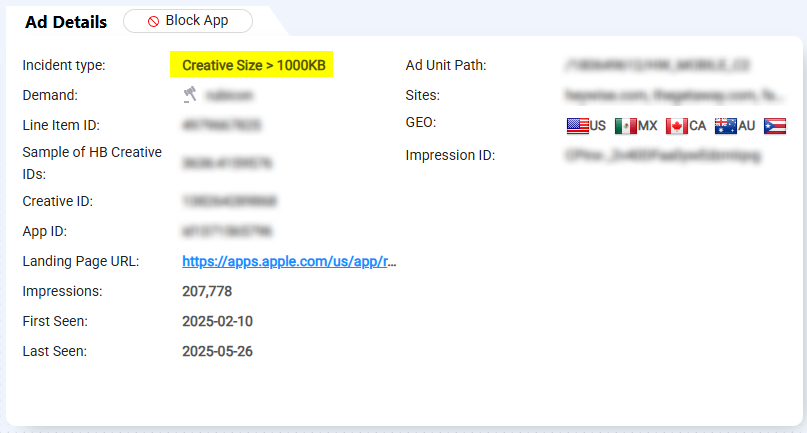 Figure 2: Ad flagged by AppHarbr for oversized creative