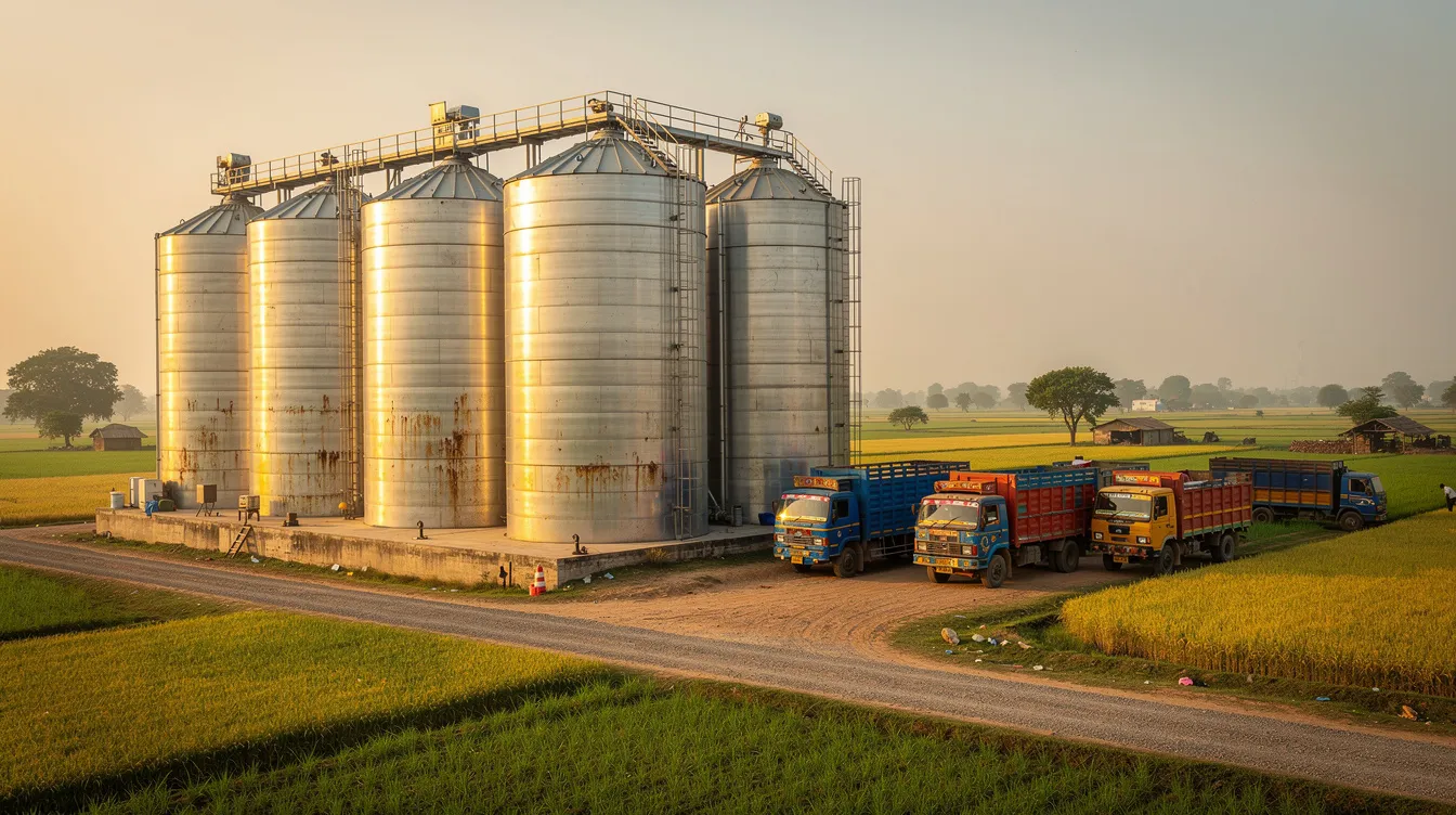 75fd7150 dc59 480d b5da 2849aaaaa938 The image depicts large industrial steel grain silos set against a rural Indian landscape, surrounded by agricultural fields and trucks. These modern grain silos are designed for efficient grain storage, ensuring proper grain quality and preservation, while also highlighting the significance of storage capacity in agricultural operations.