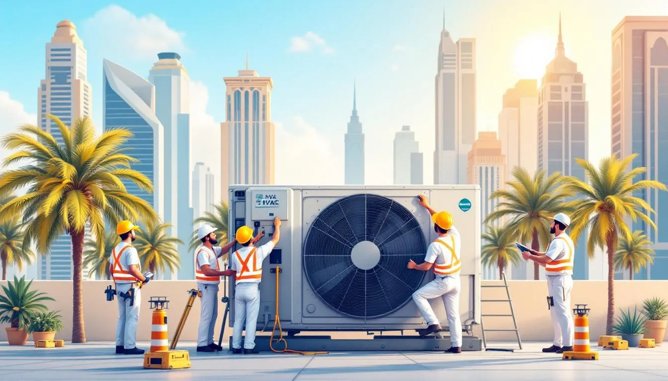 A team of HVAC technicians performing maintenance on an air conditioning system in Dubai.