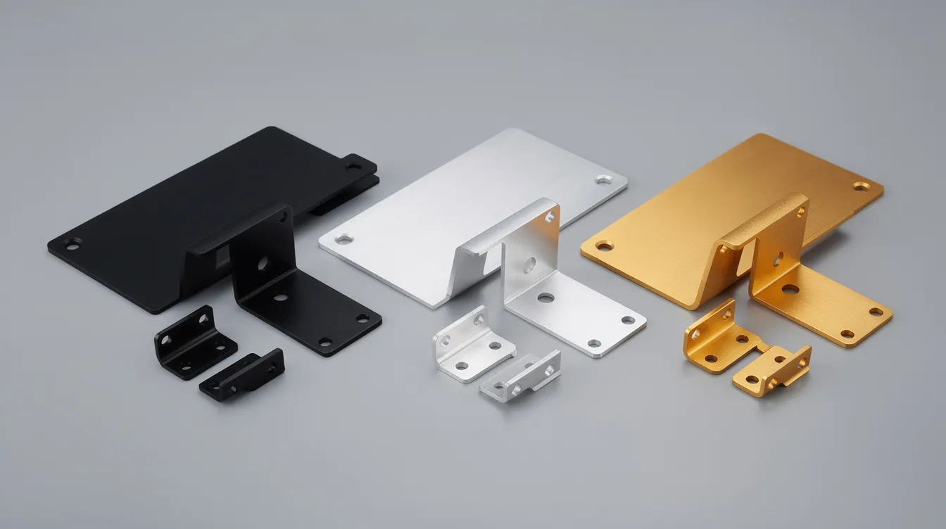 The image displays anodized aluminum sheet metal parts in black, silver, and gold colors, showcasing their durability and aesthetic appeal. These sheet metal parts are ideal for various applications, including consumer electronics and automotive components, highlighting the versatility of sheet metal fabrication.