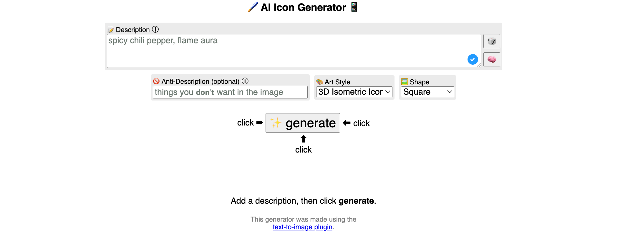 Perchance AI Icon Generator interface showing input fields for description, art style, and shape before generating icons.