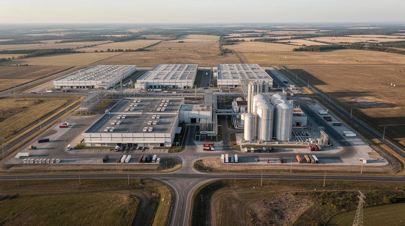 76012a4d ef69 4ec1 be3d 2c59d8ed0653 An aerial view of an industrial manufacturing complex showcases multiple buildings and storage silos, surrounded by vast open land, indicative of a large-scale oil extraction plant. This setup is designed for the solvent extraction process, utilizing equipment for processing oil-bearing materials like cottonseed and rice bran to produce extracted oil.