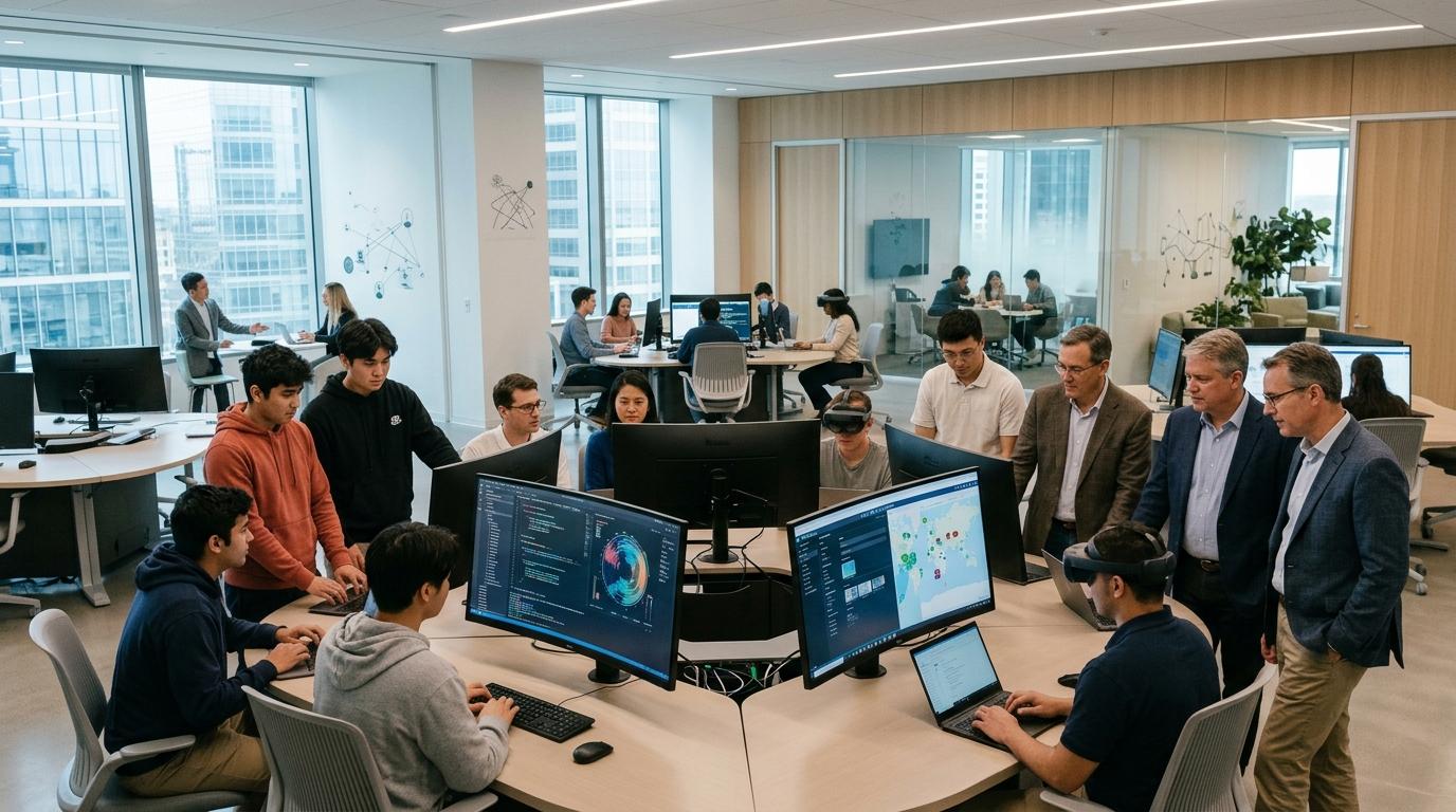 Professionals and students collaborating in cloud-powered virtual labs with hands-on software environments, replacing traditional training rooms and static presentations.