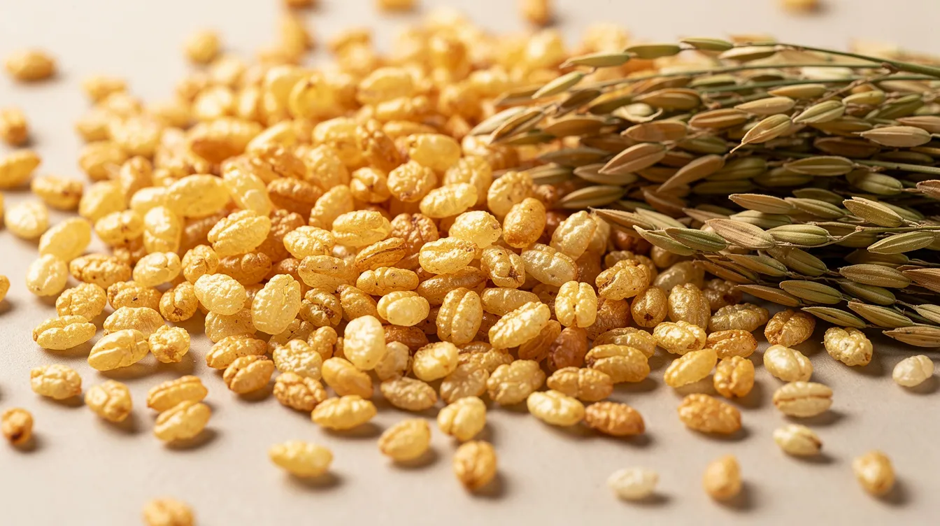 76036c7a 3ee3 4109 bc31 564613313425 The image shows a spread of golden puffed rice grains on a flat surface, accompanied by raw paddy grains nearby. This visual highlights the raw materials involved in the puffed rice manufacturing process, which is a popular snack food in the Indian subcontinent.