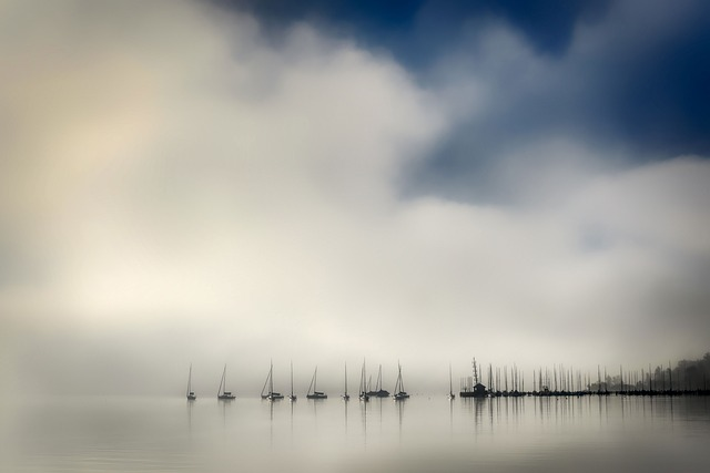 lake, clouds, sailboats