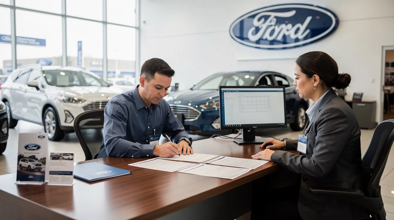 A customer is seated at a desk in a Ford dealership, completing paperwork for their next vehicle purchase. The environment reflects a professional setting, showcasing the dealership's commitment to serving drivers with a full lineup of new and pre-owned Ford vehicles.