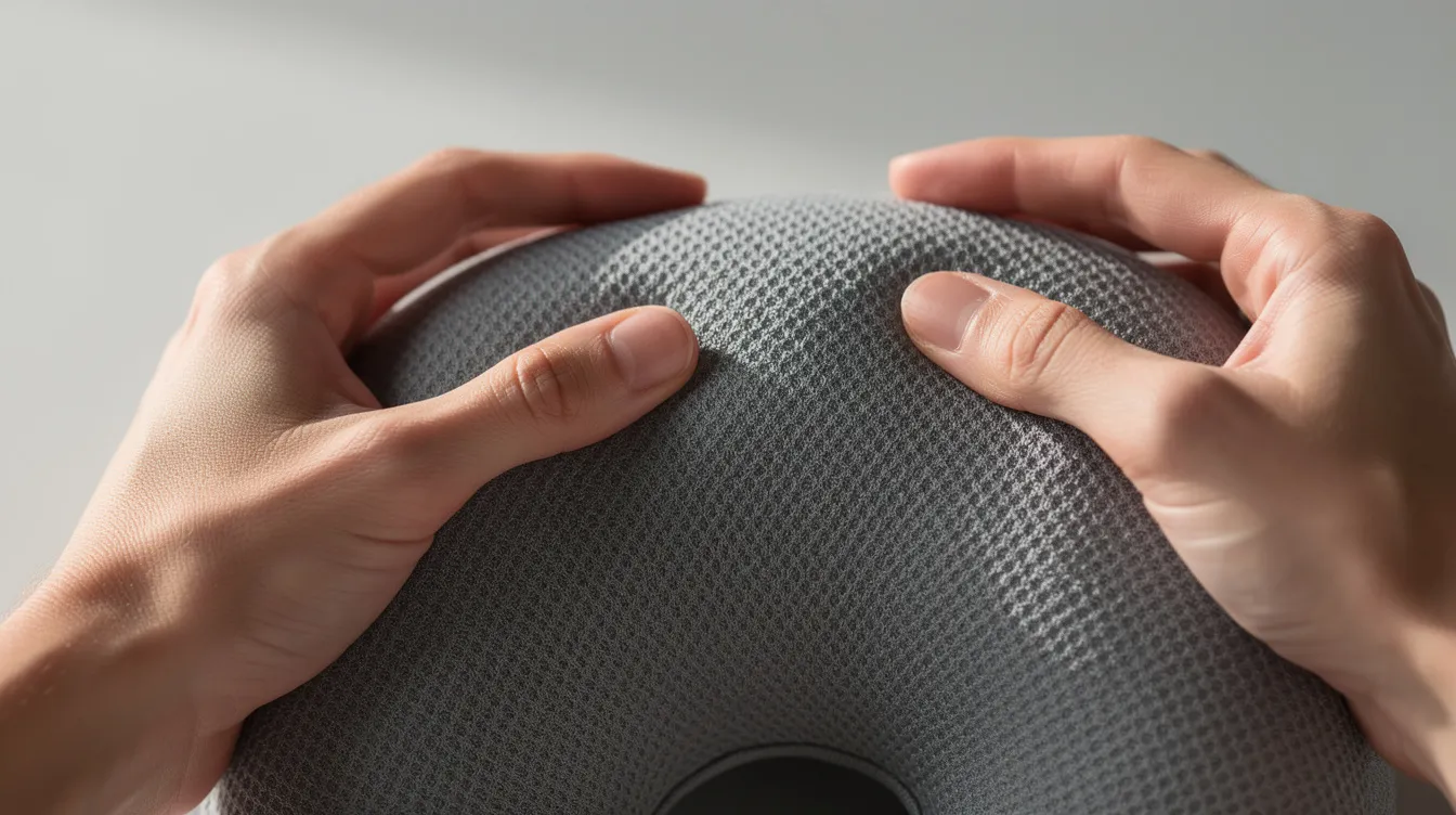 A close-up view shows hands examining the soft fabric texture of a small travel pillow, highlighting its compact size and potential use for excellent support during travel. The image suggests the importance of keeping the travel pillow clean, possibly hinting at washing instructions like using mild detergent and air drying to maintain its shape and freshness.