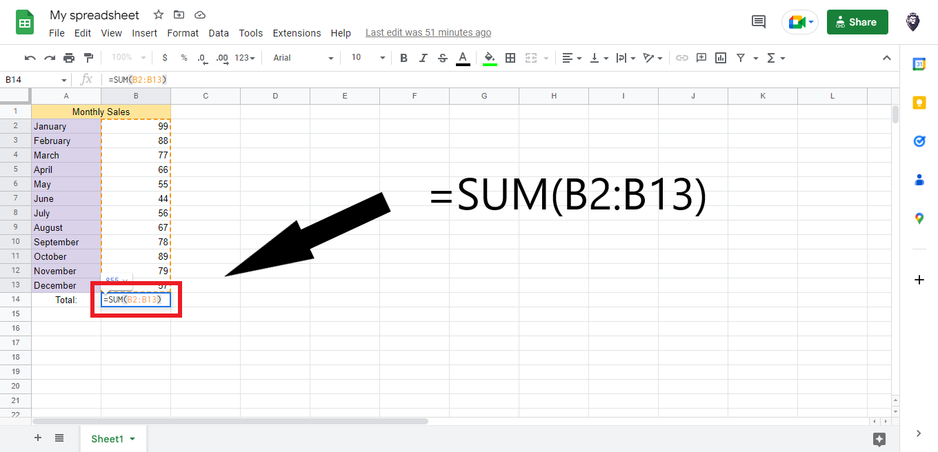 Type the SUM formula manually and select whichever cell column you want to use the SUM function.