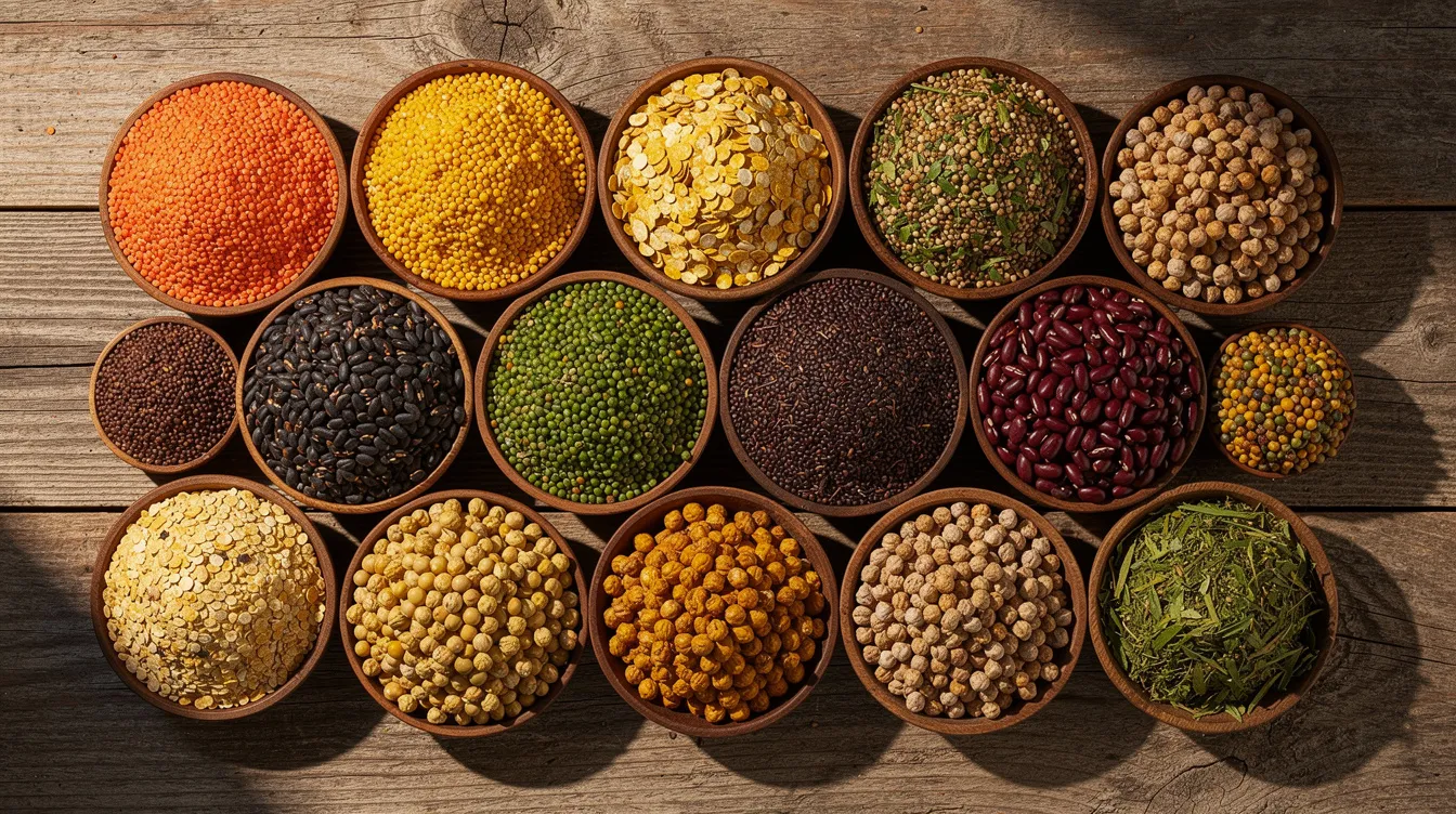 76075918 a045 4785 8acf 0f464455200e The image features an array of Indian pulses, including pigeon pea, moong, lentils, and chickpeas, arranged in small bowls that showcase their vibrant colors and varying grain sizes. This visual representation highlights the diversity of pulses commonly used in Indian cuisine and their significance in agricultural engineering and dal mill processes.