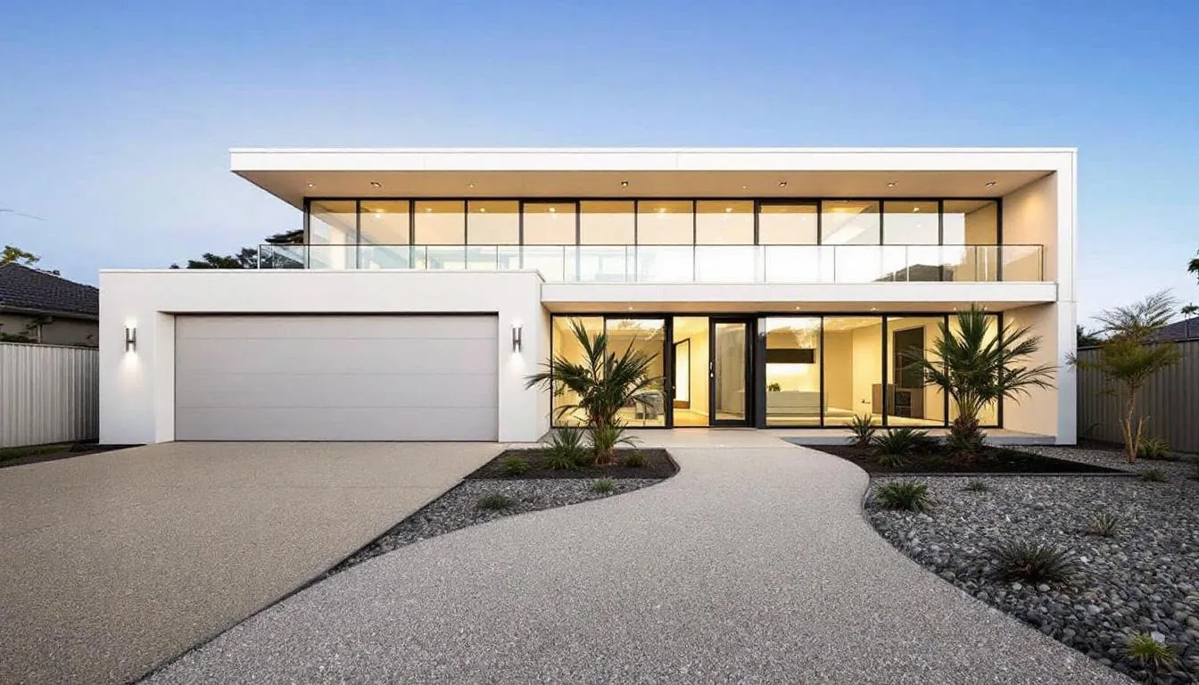 A modern Perth home features a stylish exposed aggregate driveway and pathway, showcasing a smooth finish that enhances the aesthetic appeal of the outdoor spaces. The decorative concrete solution not only offers low maintenance qualities but also creates a lasting impression with its unique appearance and natural beauty.