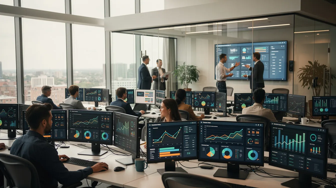 The image depicts a modern corporate office filled with professionals focused on their work, utilizing multiple screens that showcase data visualizations and analytics dashboards. This environment highlights the integration of artificial intelligence tools and machine learning algorithms in data analysis and decision support systems.