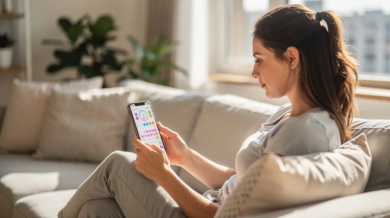 Une femme consulte un calendrier menstruel sur son téléphone portable, assise dans un intérieur lumineux. Elle semble attentive à son cycle menstruel, prenant en compte les règles, les saignements et les éventuelles irrégularités qui pourraient affecter sa santé.