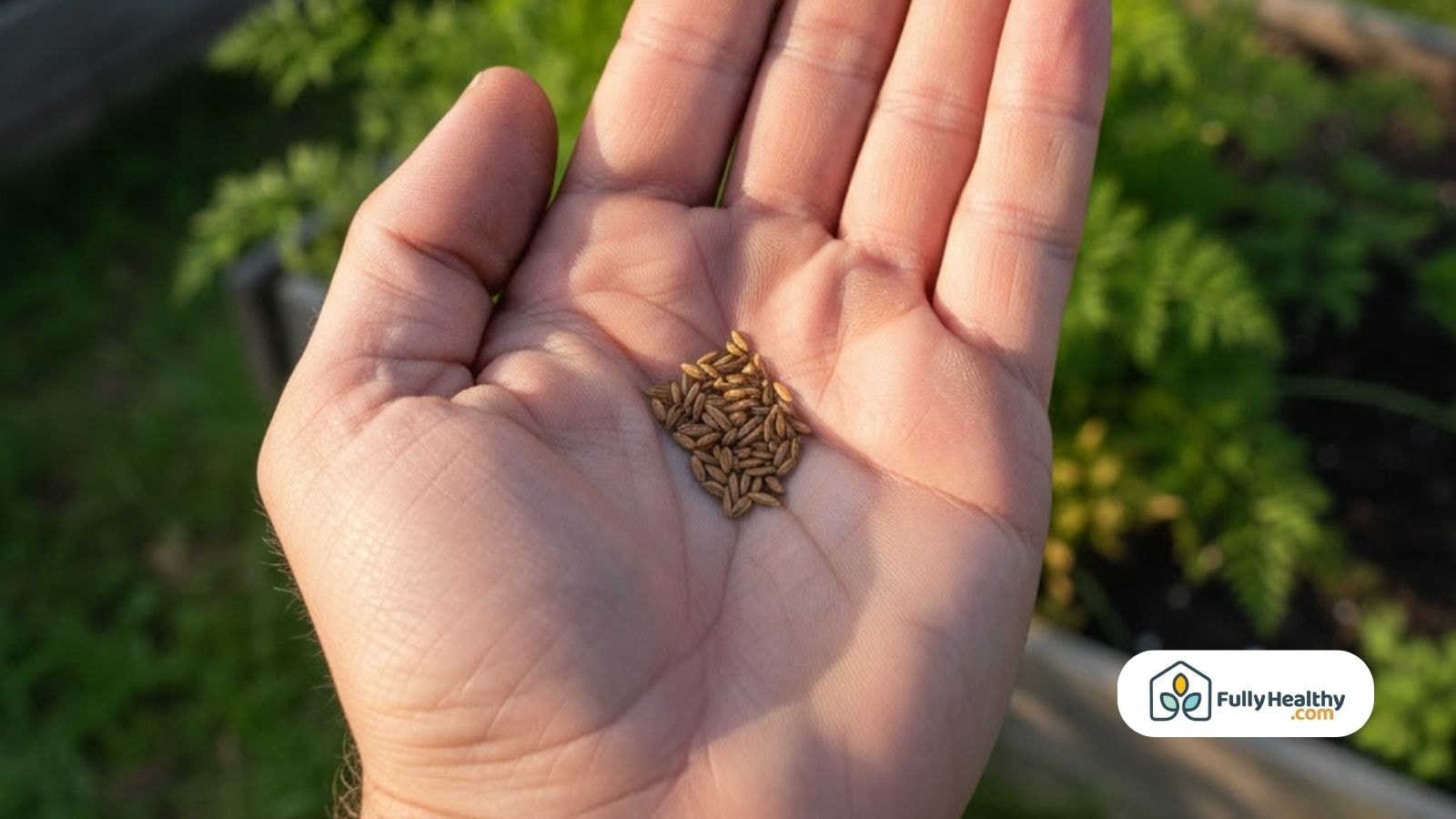 Hand holding harvested carrot seeds collected from dried seed heads in a home garden.
