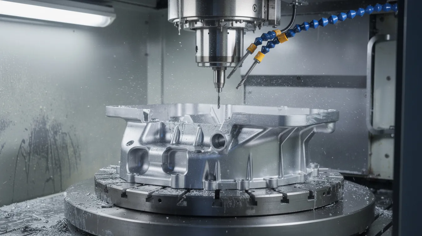 A close-up view of a 5-axis CNC machining center showcases a complex titanium aerospace part being precisely cut, highlighting the visible spindle and tool holder. This advanced CNC machine exemplifies high precision and is representative of the capabilities offered by leading CNC machining companies in China.