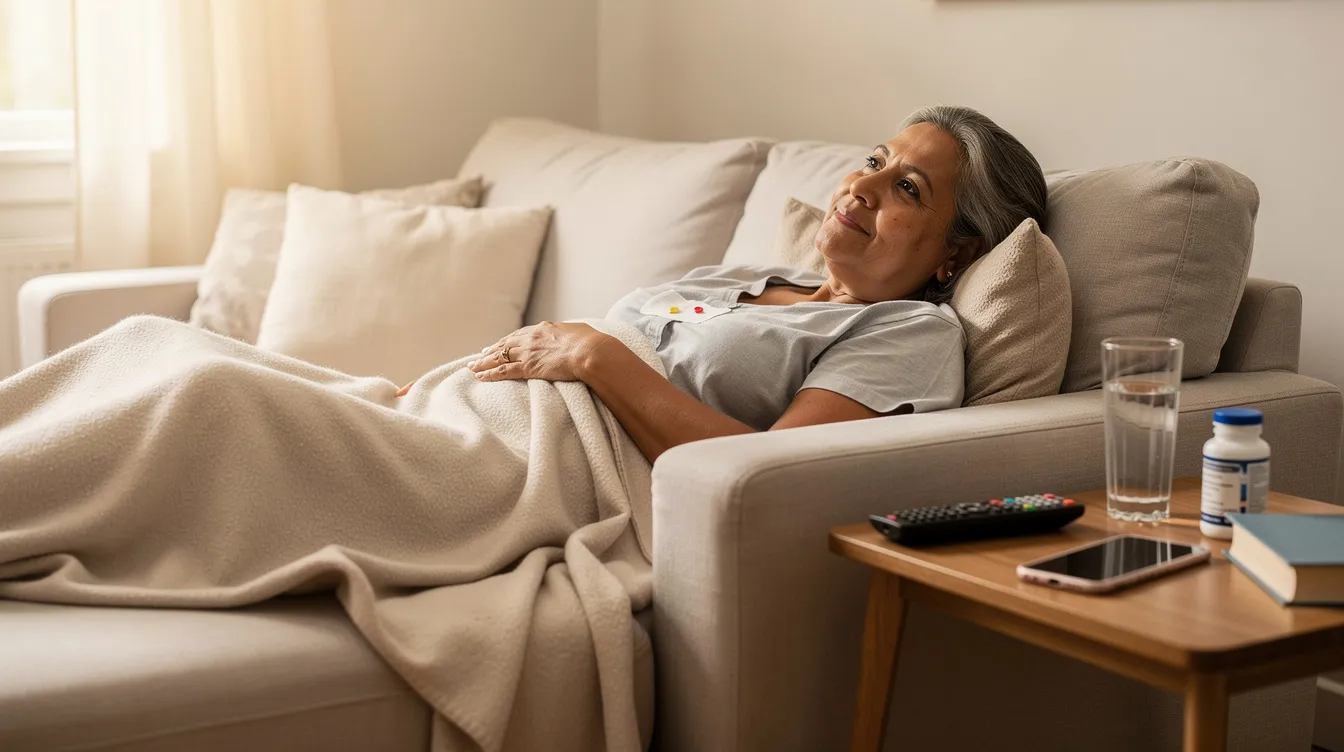 Una persona descansa cómodamente en casa, 15 días después de una abdominoplastia, mostrando signos de recuperación en su abdomen. La imagen refleja un ambiente tranquilo, ideal para el proceso de cicatrización postoperatoria.