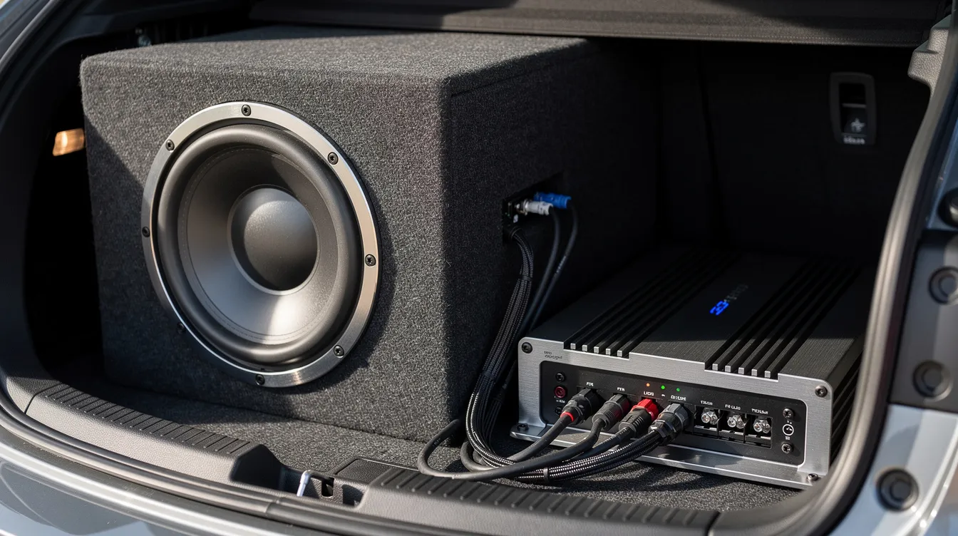 The image shows a close-up view of a car trunk featuring a large subwoofer enclosure positioned next to an external amplifier. This setup is designed to enhance sound quality by producing deep bass tones and low frequency sounds, making it ideal for audio enthusiasts who appreciate booming bass and improved audio systems.