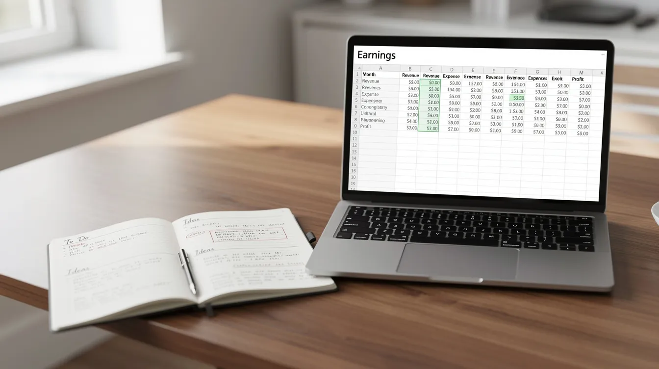 An open notebook rests on a desk beside a laptop displaying a simple earnings spreadsheet, suggesting a focus on generating extra income through online tasks or money-making websites. The scene hints at strategies for earning passive income and financial freedom in a convenient workspace.