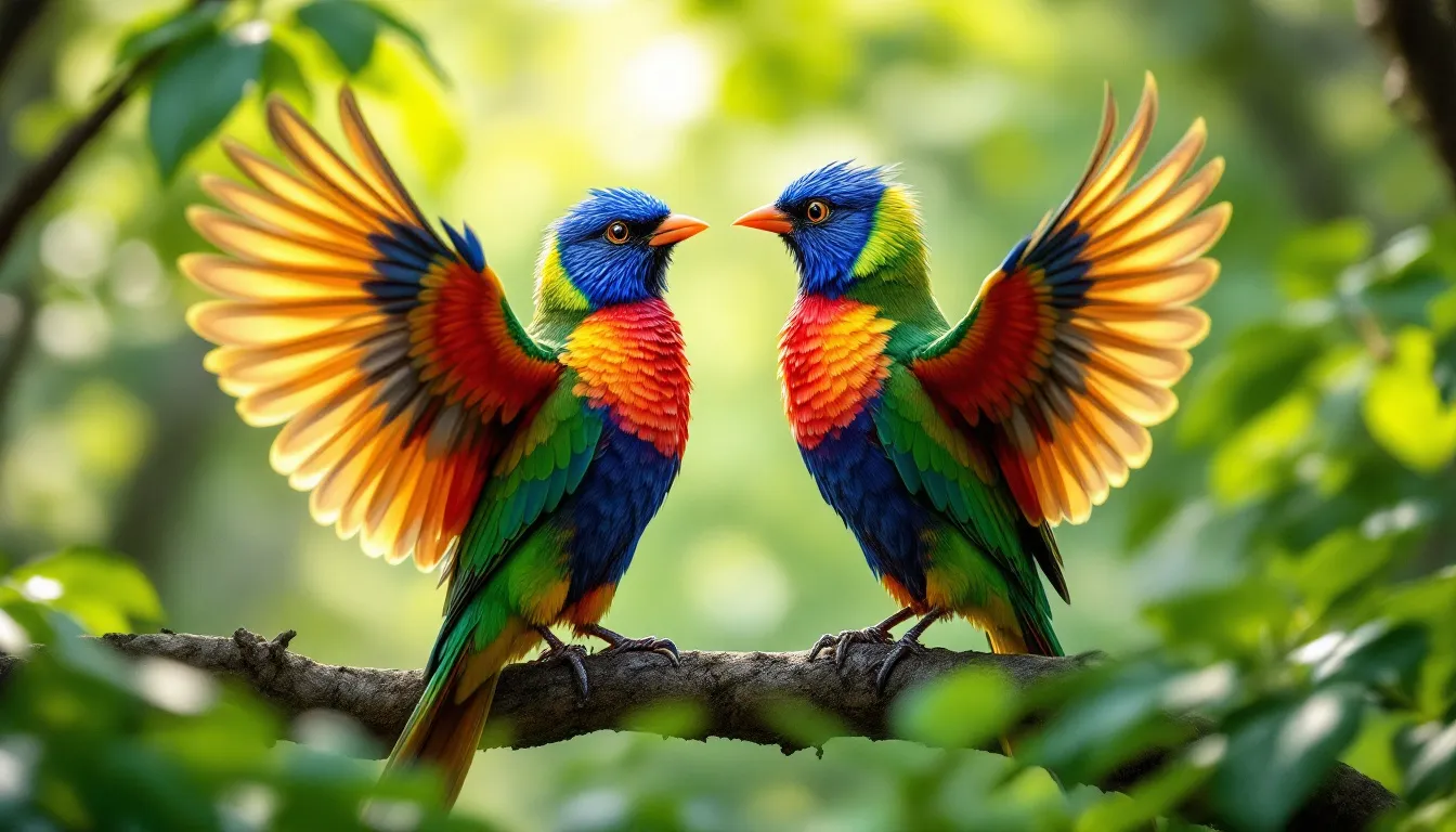 In der Illustration sieht man ein fröhliches Vogelpaar, das in einem festlichen Rahmen heiratet, umgeben von bunten Blumen und einem Hochzeitskranz. Die Vögel, die als Braut und Bräutigam gekleidet sind, tanzen zur Melodie eines traditionellen Hochzeitsliedes, während andere Vögel als Gäste an dem Hochzeitsfest teilnehmen.