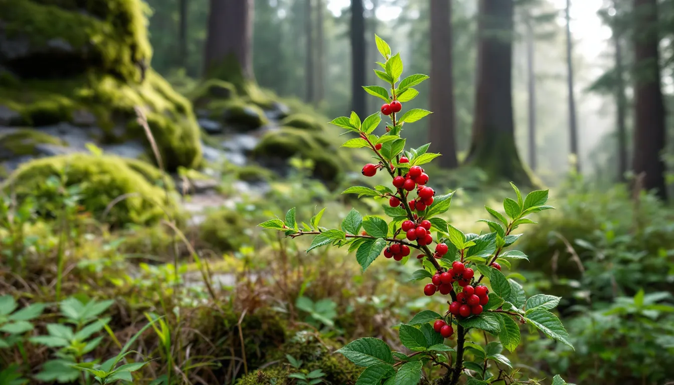 The image depicts a bearberry plant, characterized by its vibrant red berries, thriving in a natural wilderness setting. This evergreen plant, known for its medicinal properties, is often used in herbal medicine to support the urinary system and may help with conditions like urinary tract infections and recurrent cystitis.