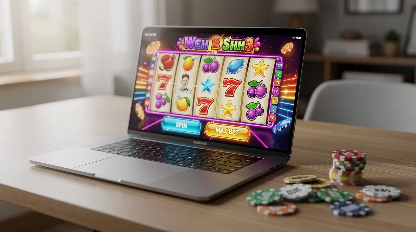 The image shows a laptop on a desk displaying a vibrant slot game, with colorful graphics and animations. Scattered around the laptop are various casino chips, suggesting a lively atmosphere typical of online casinos in Europe that accept UK players.