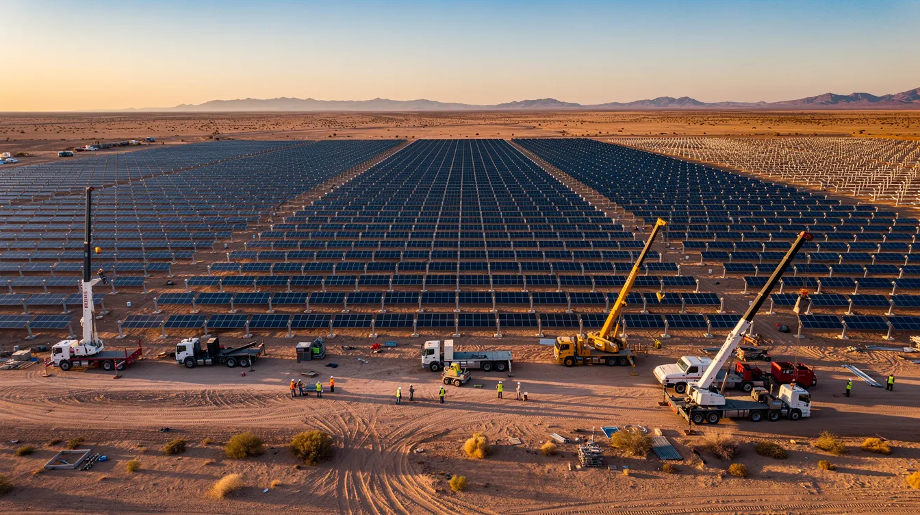 The image depicts a large-scale solar farm under construction in a vast desert landscape, showcasing rows of solar panels being installed amidst a backdrop of arid terrain. This renewable energy project highlights the growing focus on solar power projects as part of the renewable energy industry's efforts to develop sustainable energy resources.