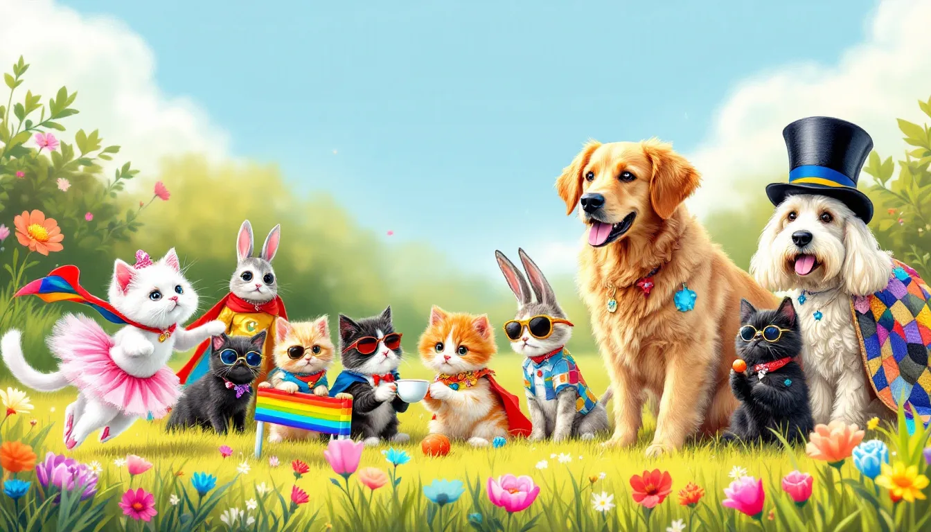 Pets wearing personalized apparel showcasing their unique styles.
