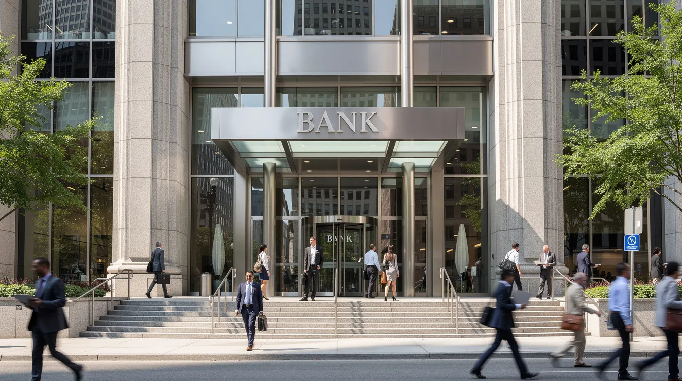 The image shows the entrance of a bank building where several people are walking in and out, suggesting activity related to financial transactions such as sending money abroad or managing bank accounts. The scene reflects the bustling environment of a financial institution, potentially involved in international money transfers and currency exchange.