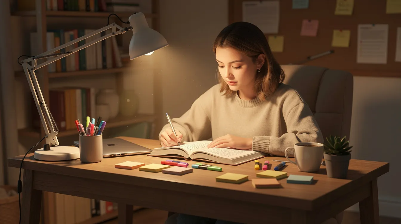 A student is studying peacefully at a well-organized desk, surrounded by educational materials and bathed in warm lighting, creating an inviting environment for focused learning. This setting encourages students to engage with their lessons at their own pace, utilizing tools like AI tutors and adaptive learning systems to enhance their understanding and improve learning outcomes.