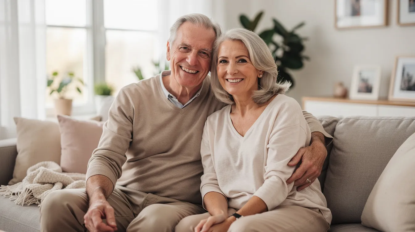 An older couple sits happily on a couch in a bright living room, surrounded by warm lighting and cheerful decor. Their smiles reflect a sense of security and trust, reminiscent of the strong relationships built with their bank account and the importance of funds in their lives.