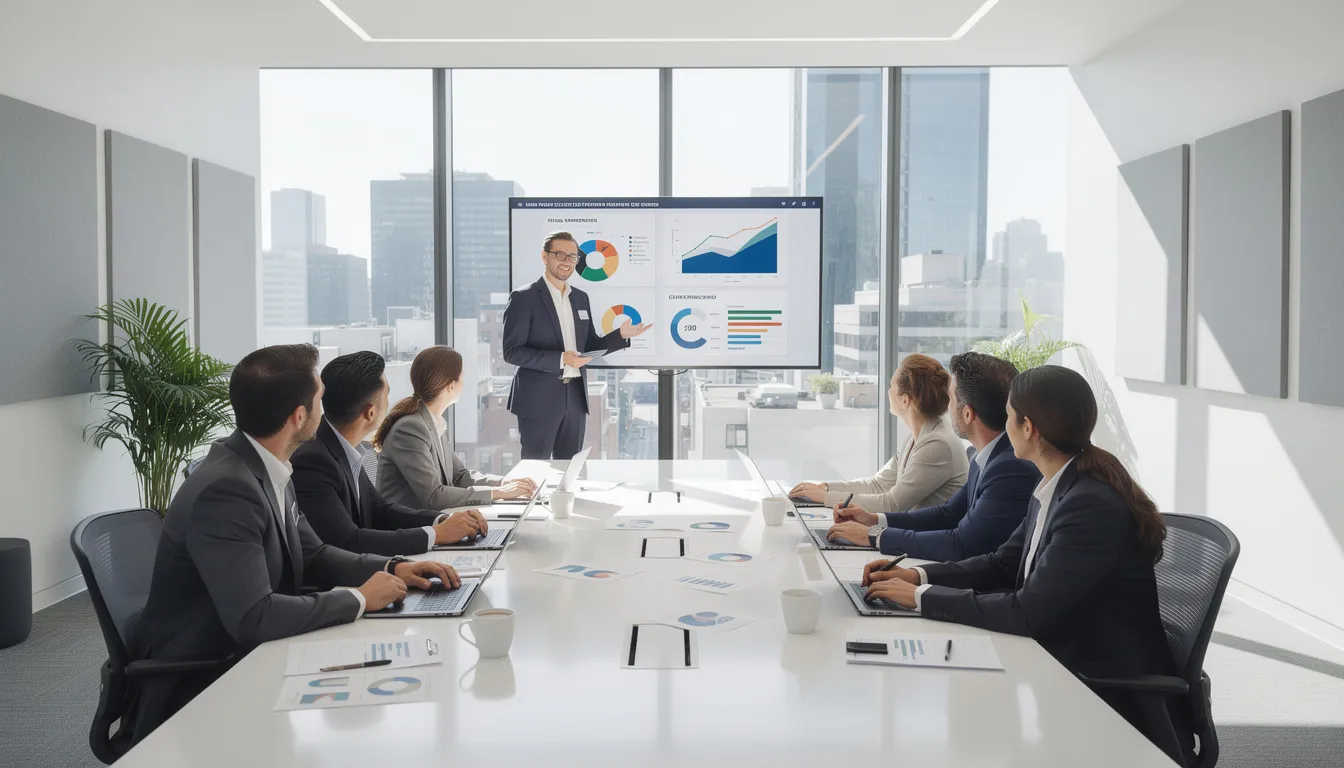 The image depicts a group of professionals engaged in a strategy meeting within a modern conference room, discussing topics related to private investment funds and fund formation. The atmosphere is collaborative, highlighting the importance of investment strategies and legal complexities in the realm of private equity and venture capital.