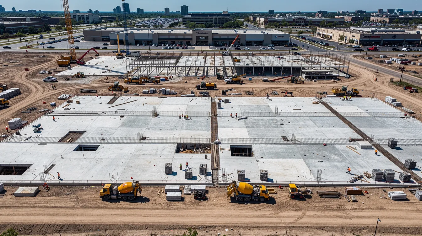 An aerial view of a large commercial construction site with concrete slabs, equipment, and active crews.